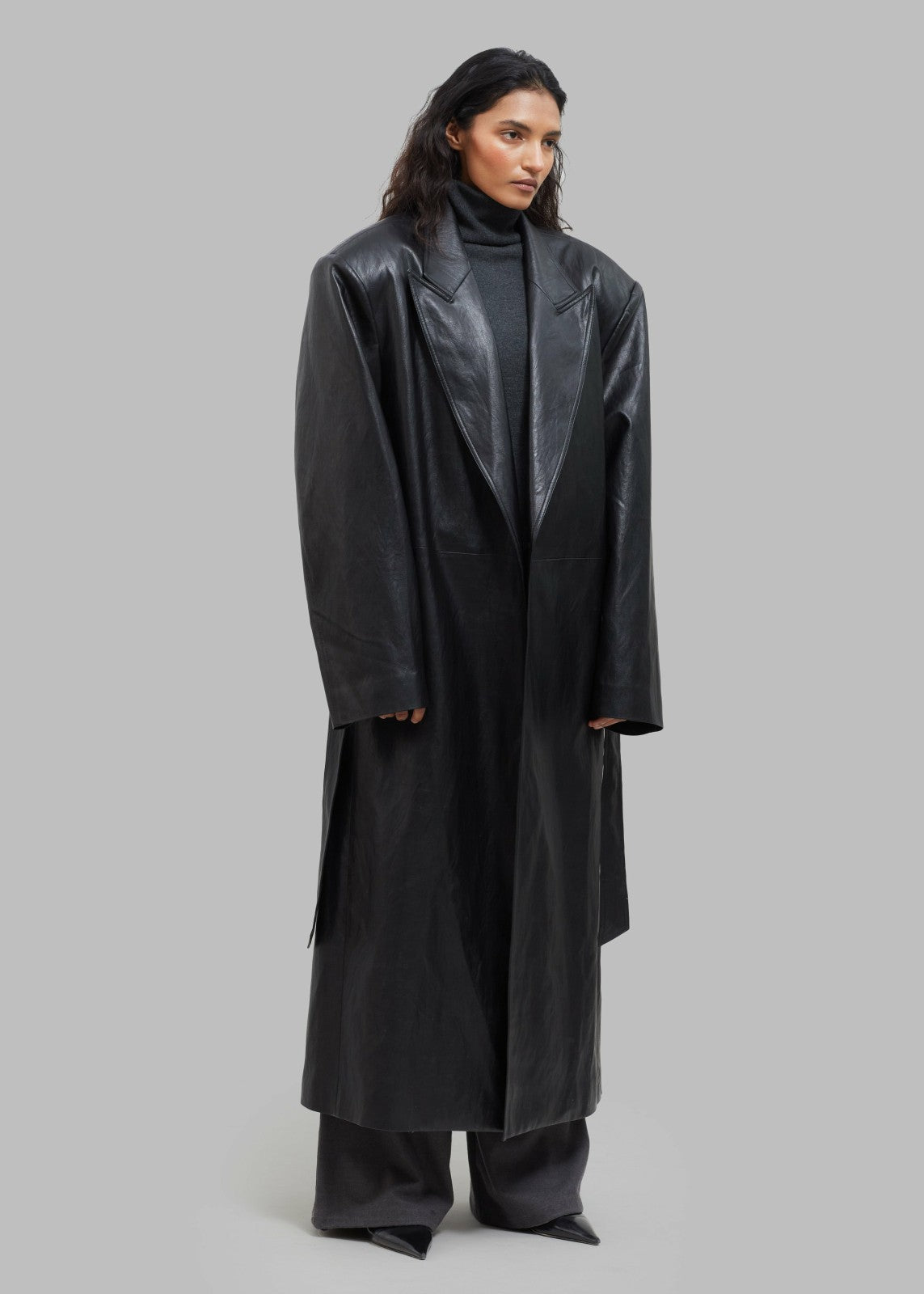 Connie Faux Leather Belted Trench Coat - Black