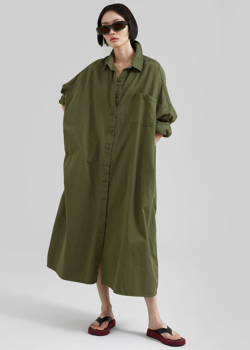 Kason Oversized Shirt Dress - Dark Olive