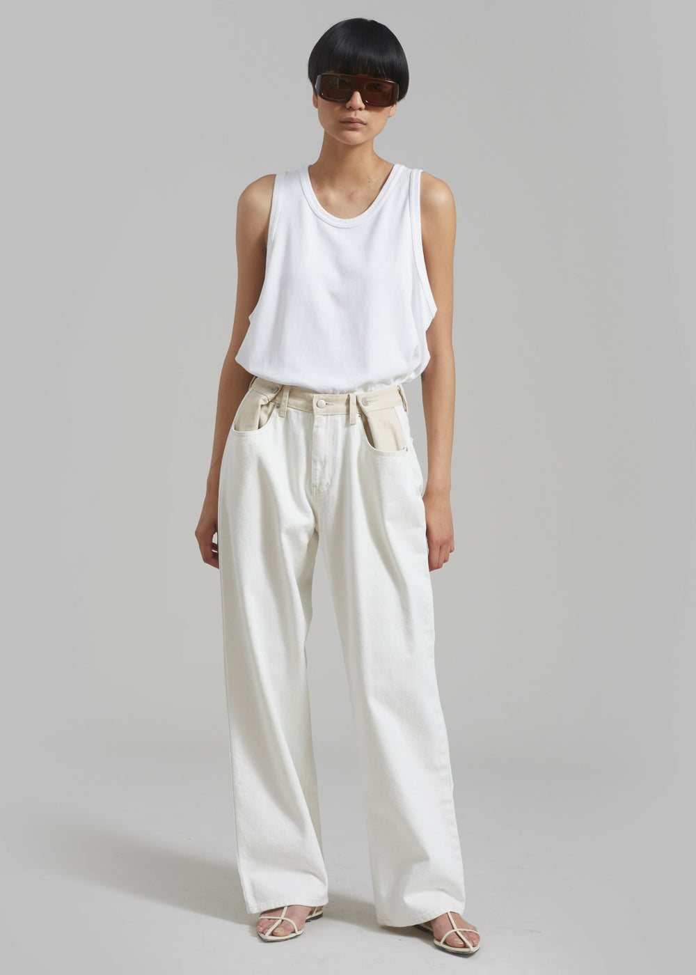 Hayla Contrast Denim Pants - Off White/Beige