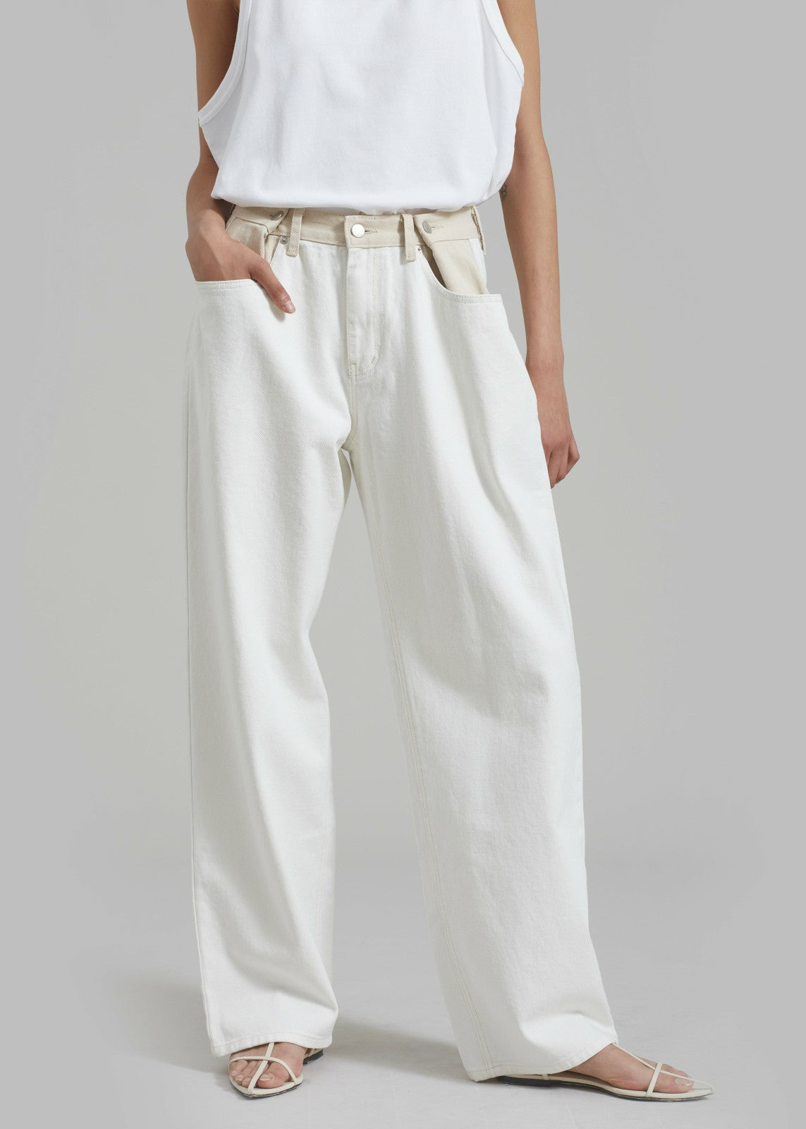 Hayla Contrast Denim Pants - Off White/Beige