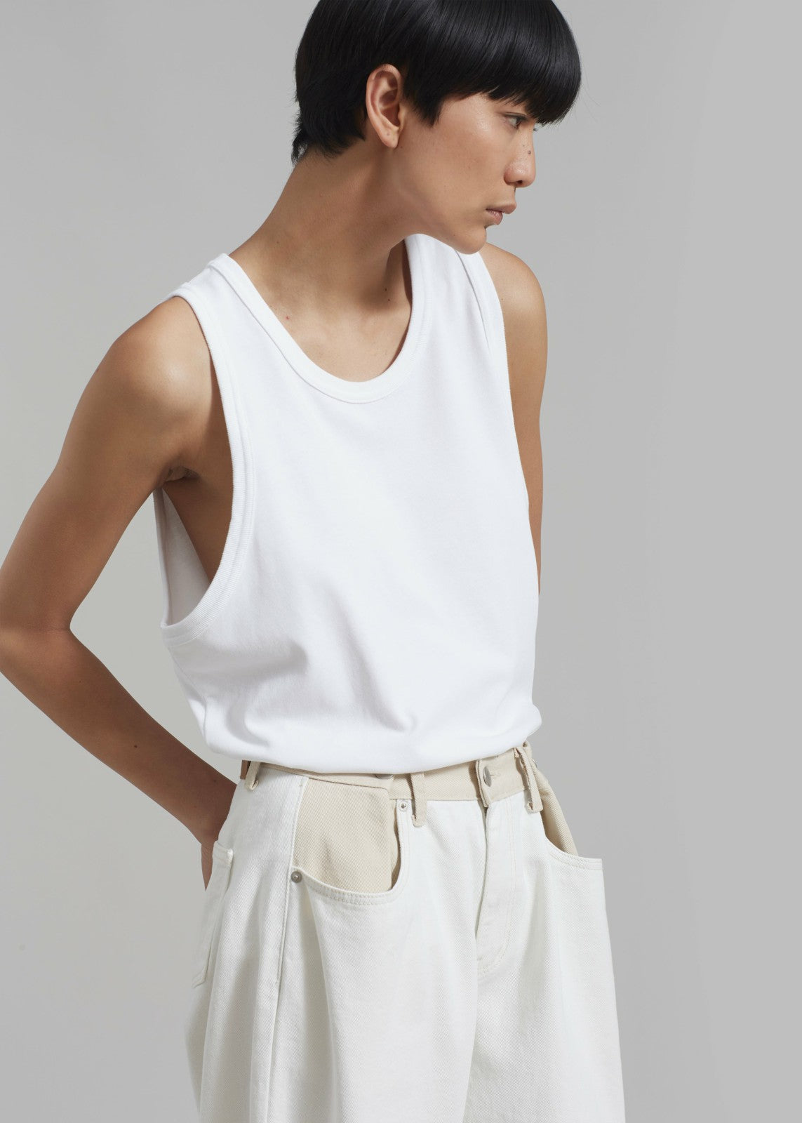 Hayla Contrast Denim Pants - Off White/Beige