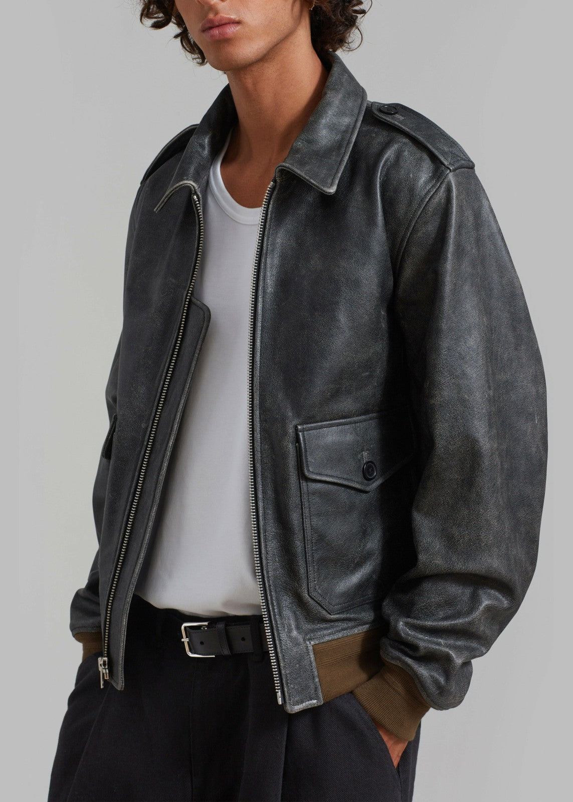 Wyatt Leather Bomber Jacket - Charcoal